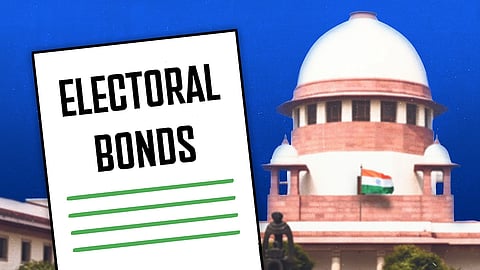 Stylised image - Piece of paper saying ‘Electoral bonds’ with the Supreme Court in the background