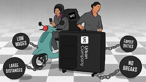 Illustration of two Urban Company beauticians in uniform — one riding a scooter, the other pulling a heavy service kit. Both are visibly burdened and appear exhausted. Chains connect them to black weights labeled “Low Wages,” “Large Distances,” “Family Duties,” and “No Breaks,” symbolizing the constraints and hardships they face. The Urban Company logo is prominently displayed on their kit and bag, highlighting the company's role in their exploitation.
