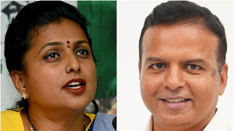 A side-by-side collage of two individuals. On the left is a woman with dark hair tied back, wearing a yellow and blue saree, a bindi on her forehead, and gold earrings and mangalsutra; she appears to be speaking. On the right is a man with short black hair, wearing a white shirt, smiling at the camera against a plain white background.