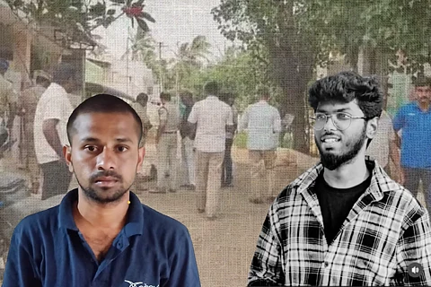 Accused Surjith (on the left) and Kavin Selvaganesh (on the right) against the backdrop of the spot where the murder happened