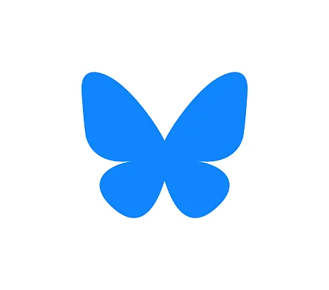 Blue butterfly-shaped logo with symmetrical wings on a white background, representing the Bluesky social media platform.