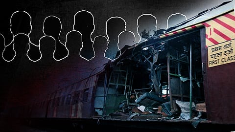 A stylised image of a wrecked train and the outline of 12 heads in two rows