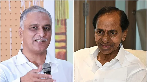 Side-by-side images of two men wearing white shirts. On the left, T Harish Rao with short gray hair is speaking into a microphone, gesturing with his hand, and standing against a backdrop with patterns. On the right, KCR with black hair and a receding hairline is smiling while seated indoors, with a wooden wall and a chair in the background.