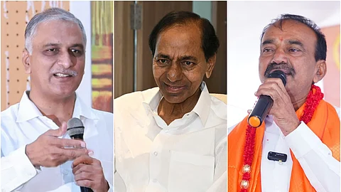 A collage of three Indian male politicians. On the left, Harish Rao with short gray hair and a white shirt holds a microphone and gestures while speaking. In the center, KCR, wearing a white shirt, sits and smiles gently. On the right, Eatala Rajender with a mustache, also in a white shirt, wears a saffron scarf with garlands and speaks into a microphone.