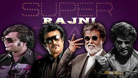 A collage of Rajinikanth in Thillu Mullu, Sivaji, Kabali and Coolie