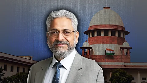 Siddharth Varadarajan facing the reader against the backdrop of the Supreme Court.