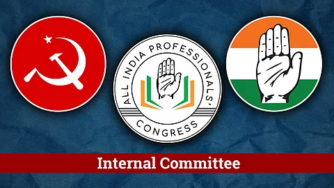 Logos of CPI(M), All India Professionals’ Congress, and Indian National Congress placed side by side with a banner below reading 'Internal Committee'.