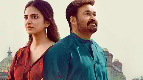 Mohanlal and Malavika Mohanan stand side by side in a poster for the Malayalam film Hridayapoorvam.