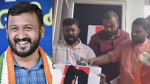 Rahul Mamkootathil, Youth Congress workers pouring black oil on a poster at the office entrance (L to R)