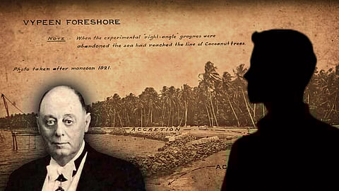 Historical collage of Vypeen foreshore after the 1921 monsoon with coconut trees and stone groynes. Foreground shows a portrait of an elderly man on the left and a dark silhouette on the right.