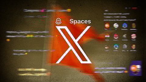 Illustration showing the X (formerly Twitter) logo with the word 'Spaces' overlaid on a saffron flag background, symbolising right-wing discussions on X Spaces.