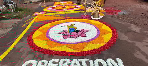 The 'floral carpet' containing the image of the RSS' saffron flag.