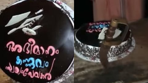 Image featuring a cake written “Pride, Kannavam Swayamsevaks” on the cake.