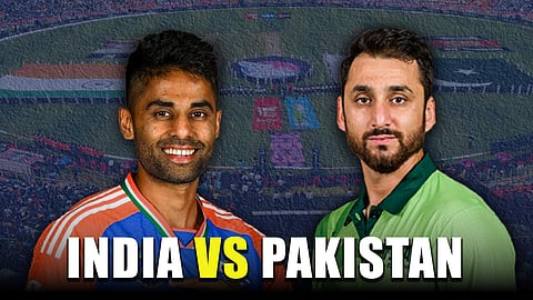 A stylised image of India T20 cricket captain Suryakumar Yadav (left) & Pakistan T20 cricket captain Salman Ali Agha against the backdrop of a crowded cricket stadium