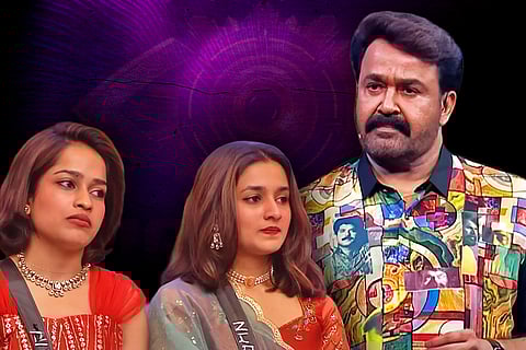 Stylised collage created for Bigg Boss Malayalam 7 coverage, showing host Mohanlal alongside contestants Adhila Nasarin and Fathima Noora, the show’s first openly lesbian couple.
