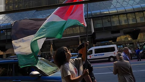 Pro-Palestinian Americans gather in New York at a march to the U.N. on Sept. 18, 2025.