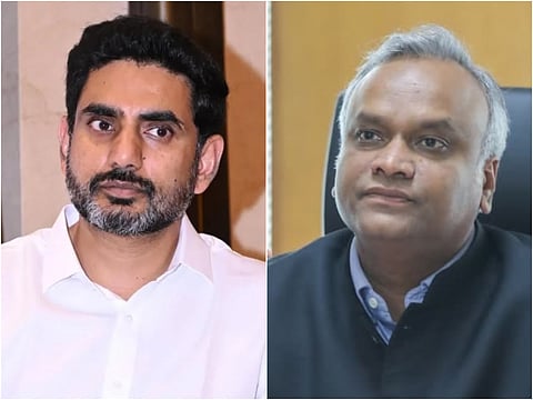 Collage of two close-up photos side-by-side. On the left is Nara Lokesh, a man with dark hair and a beard, wearing a white shirt, looking slightly off-camera. On the right is Priyank Kharge, a man with short, graying hair, wearing a dark jacket over a light blue collared shirt, sitting in an office chair and looking forward.