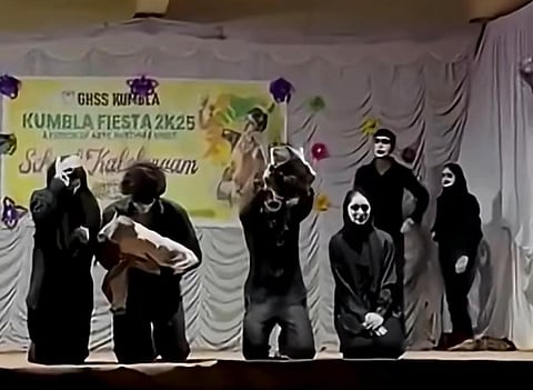 Image featuring six students performing mime using some props
