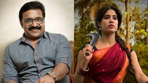 Side-by-side images of Renji Panicker smiling in a casual shirt and Janhvi Kapoor dressed as a traditional Malayali woman holding a sickle in a scene from Param Sundari.