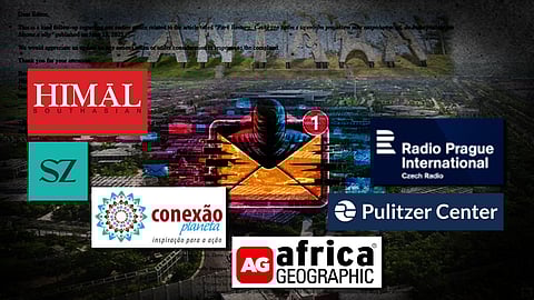 A digital collage showing logos of several media organizations — Himal Southasian, Süddeutsche Zeitung (SZ), Conexão Planeta, Africa Geographic, Pulitzer Center, and Radio Prague International — overlaid on a background of a stylized hacker-like figure with an email notification icon. Faded text of an email and an image of “Park Vantara” (a large facility with greenery and buildings) appear in the background.
