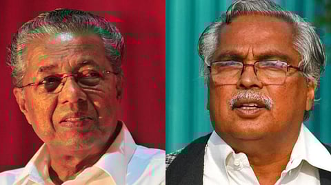 Side-by-side portraits of Kerala Chief Minister Pinarayi Vijayan and CPI state secretary Binoy Viswam, who held talks in Thiruvananthapuram to address the dispute over Kerala’s signing of the PM SHRI scheme MoU.