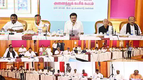 Image featuring the all-party meeting by the ruling Dravida Munnetra Kazhagam (DMK) and chaired by Chief Minister MK Stalin