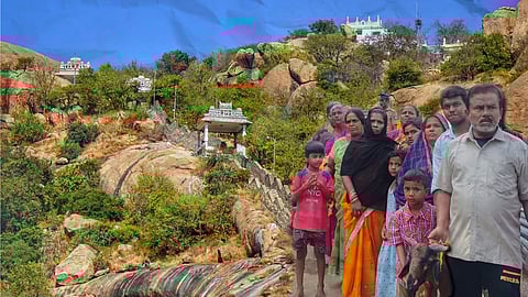 Picture of Abu Thahir and others juxtaposed against the hilltop dargah at Thiruparankundram.