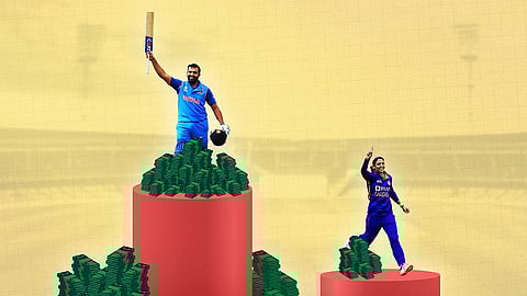 Image showing a male cricketer on a higher pedestal with more money, while a female contemporary is on a lower pedestal with less money.