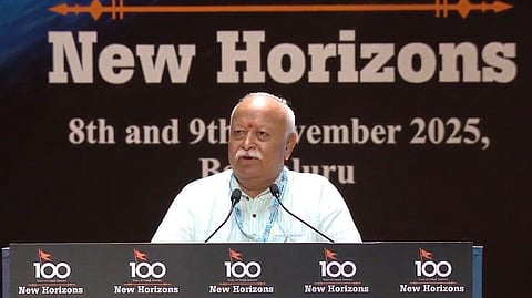 RSS Sarsanghchalak Mohan Bhagwat addressing the "New Horizons" event in Bengaluru on November 9, 2025.