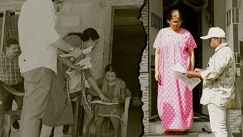 Booth Level Officers (BLOs) visiting houses as part of their voter list verification or survey work.