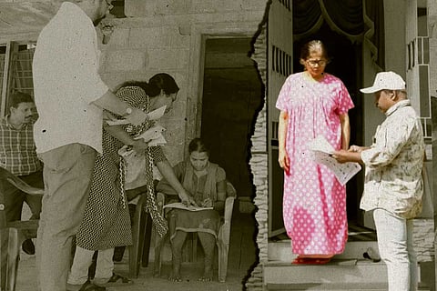 Booth Level Officers (BLOs) visiting houses as part of their voter list verification or survey work.