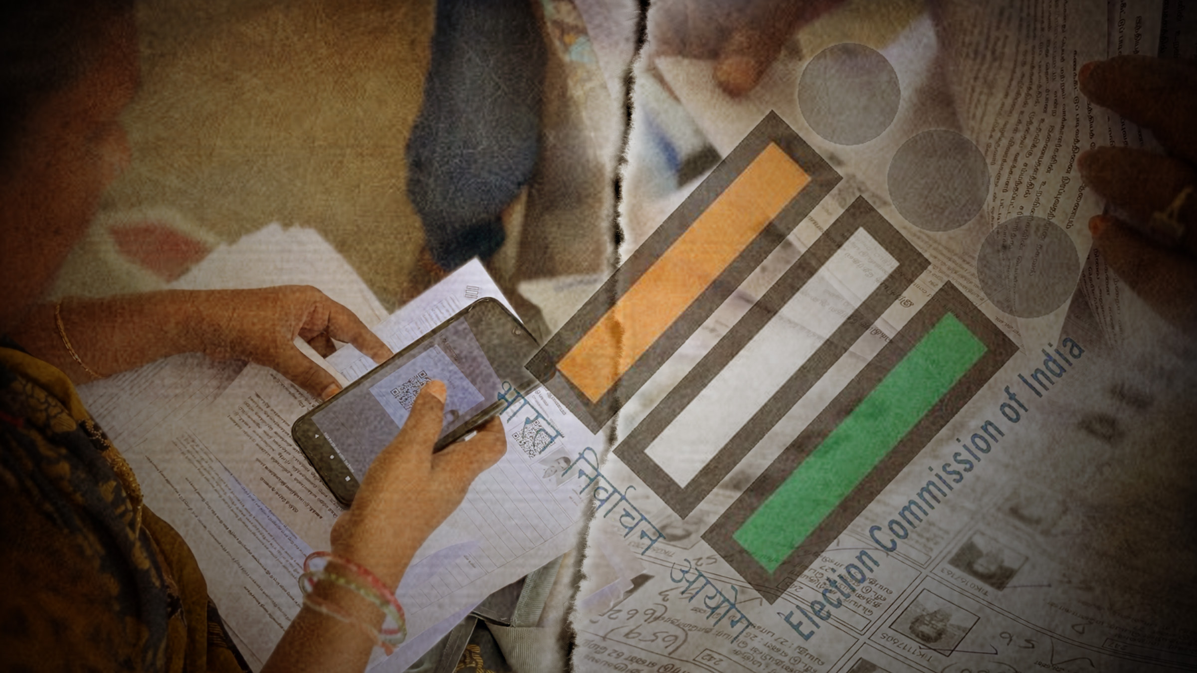 A person holds a smartphone and scans a QR code on an electoral form, with additional documents spread out on a table. The image is overlaid with the Election Commission of India logo and graphics resembling a voter list, giving a textured, collage-like appearance.