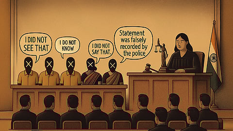 An illustration of a courtroom. A woman judge on the right end. Five persons in witness boxes facing forward. Above them, dialogue bubbles saying "I do not know"; "I did not see that"; "I did not say that"; "Statement was falsely recorded by the police". Seated in the courtroom facing the judge are male lawyers dressed in black.