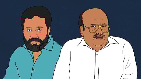 An illustration of actor Dileep with his counsel Raman Pillai