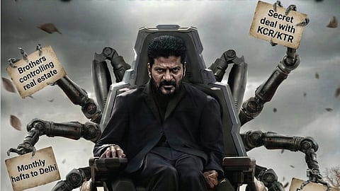 The image is a political poster featuring a photograph of a man resembling Telangana Chief Minister Revanth Reddy sitting in a large, elaborate mechanical chair with multiple spider-like metallic arms extending from it. The man is dressed in a dark suit and has an intense expression.