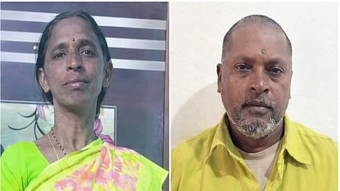 A side-by-side composition of two portrait photos. On the left is a woman with dark hair pulled back, wearing a lime green and pink patterned saree and a gold necklace. On the right is a man with a short, graying beard and a shaved head, wearing a bright yellow button-down shirt. Both individuals are looking directly at the camera with neutral expressions against plain backgrounds.