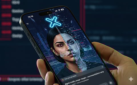 AI-generated illustration of a woman’s face on a smartphone screen, partially rendered as digital data, symbolising non-consensual image manipulation and online abuse enabled by AI tools.