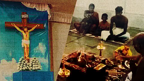 A collage of the altar of a church and a 'Ghar Wapsi' ritual VHP owned temples conducting