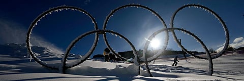 Olympic rings are displayed in the snow at the Stelvio Ski Centre, venue for the alpine ski and ski mountaineering disciplines at the 2026 Milan Cortina Winter Olympics in Bormio, Italy, in January 2025.