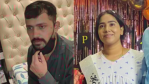 A side-by-side composition of two separate photos. On the left, a man with dark hair, a mustache, and a short beard looks downward with a serious expression; he is wearing a dark grey button-down shirt and has a black face mask pulled down under his chin. On the right, a woman with short dark hair smiles gently toward the camera; she is wearing a white patterned top and a silver glittery sash that says "Happy" in black script, standing in front of a celebratory backdrop with pink tinsel and balloons.