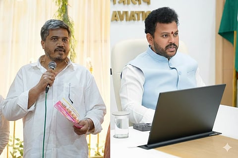 A side-by-side vertical collage of two Indian politicians. On the left, Rohit Pawar is shown from the waist up, wearing a white shirt and holding a microphone and a pink pamphlet. On the right, Kinjarapu Ram Mohan Naidu is seated, wearing a light blue Nehru jacket over a white shirt; the image is cropped closely to his torso, focusing on him behind a desk with a laptop partially visible in the foreground. Both men are centered in their respective halves of the 1200x800 image, with their heads appearing at a similar scale.