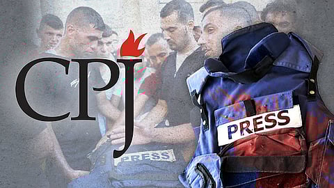 An image of journalists surrounding the body of a dead colleague in the background, with the CPJ logo in the foreground