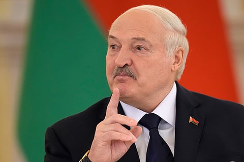 Belarusian President Alexander Lukashenko gestures during a meeting of the supreme council of the Union State with Russian President Vladimir Putin at the Grand Kremlin Palace in Moscow, Thursday, Feb. 26, 2026.