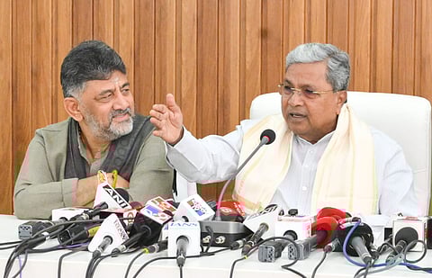 Congress chief DK Shivakumar and Karnataka Chief Minister Siddaramaiah address the media.