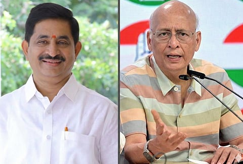 A side-by-side collage featuring two prominent Indian political figures. On the left is Vem Narender Reddy, wearing a white shirt and a traditional red tilak on his forehead, smiling against a soft outdoor greenery background. On the right is Abhishek Manu Singhvi, wearing a striped shirt and glasses, gesturing with his hand while speaking at a podium with the Indian National Congress logo visible in the background.