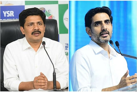 A side-by-side photo collage of two Indian politicians. On the left, Maddila Gurumoorthy is seated in a black office chair, wearing a white shirt and speaking into a microphone with a YSR Congress Party backdrop. On the right, Nara Lokesh is standing at a podium decorated with flowers, wearing a white shirt and speaking into two microphones against a bright blue digital background. Both men are shown from the chest up and are of a similar size in the frame.