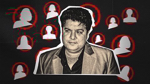 A stylised black-and-white image of filmmaker Sajid Khan at the centre, surrounded by multiple anonymous female silhouettes highlighted in red, symbolising allegations by several women during the #MeToo movement.