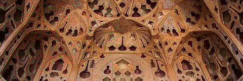 The ornate ceiling of the Ali Qapu Palace in Isfahan, Iran. It’s a UNESCO Heritage site that began construction in the 1500s and has been damaged by U.S.-Israeli strikes on Iran.