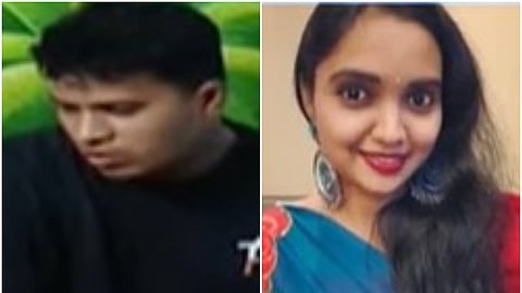 A split-screen image showing two separate individuals.
On the left side, a young man with short dark hair is shown from the chest up. He is wearing a black long-sleeved shirt and is looking downward and slightly to the side with a serious or pensive expression. The background behind him appears to be a green, textured surface.
On the right side, a young woman with long, dark wavy hair is smiling directly at the camera. She is wearing a blue and red traditional garment (likely a saree) and large, circular silver-colored earrings. The background behind her is a plain, neutral-colored wall.