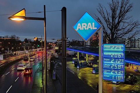 Fuel prices are listed at a gas station in Frankfurt, Germany, Monday, March 30, 2026.